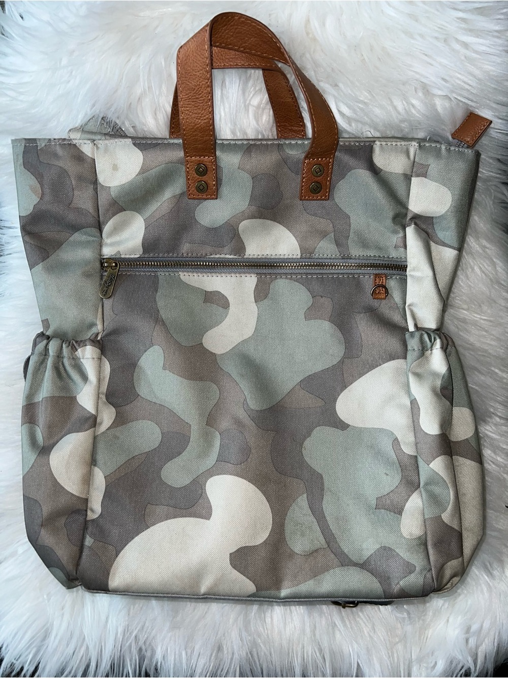 thirty-one Camo Tote with Brown Leather Handles/Backpack